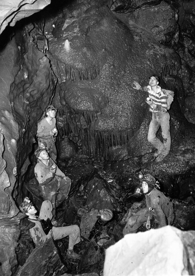 Raider’s Rift cave Burlescombe Devon c. 1957 with pupils of Chard School Hawks who discovered the cave. Photograph by David Wheadon of Chard.