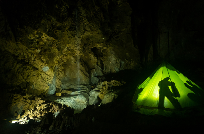 Underground camp at “The Sanctuary” in upstream C4 (photo Paul Diffley)