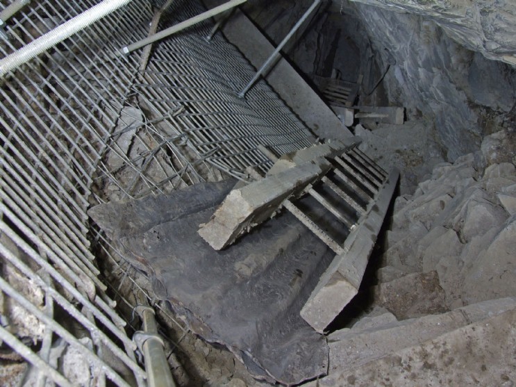 Ladderway to deep adit, Talybont Mine. The subject of Roy Fellows' stabilisation work 2015-16, showing extensive use of steel mesh. Photo: Roy Fellows.