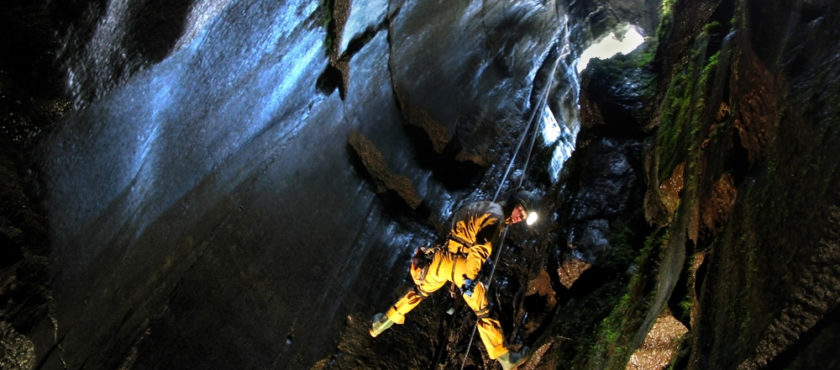 Jeff Wade abseiling in Calf Holes, Yorkshire Dales. Photo courtesy of Rob Eavis